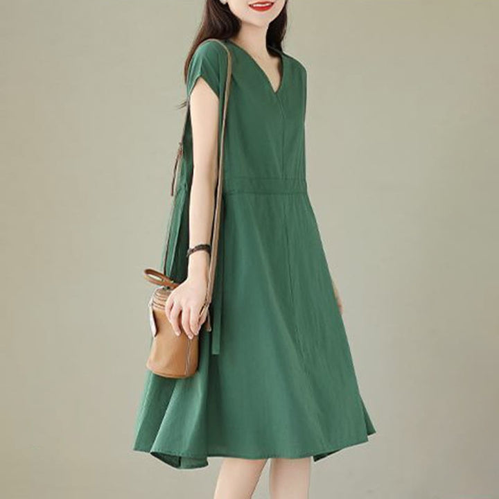 Buddha Stones Casual Pure Color Lace-Up Short Sleeve Cotton Linen Midi Dress With Pockets - image 3