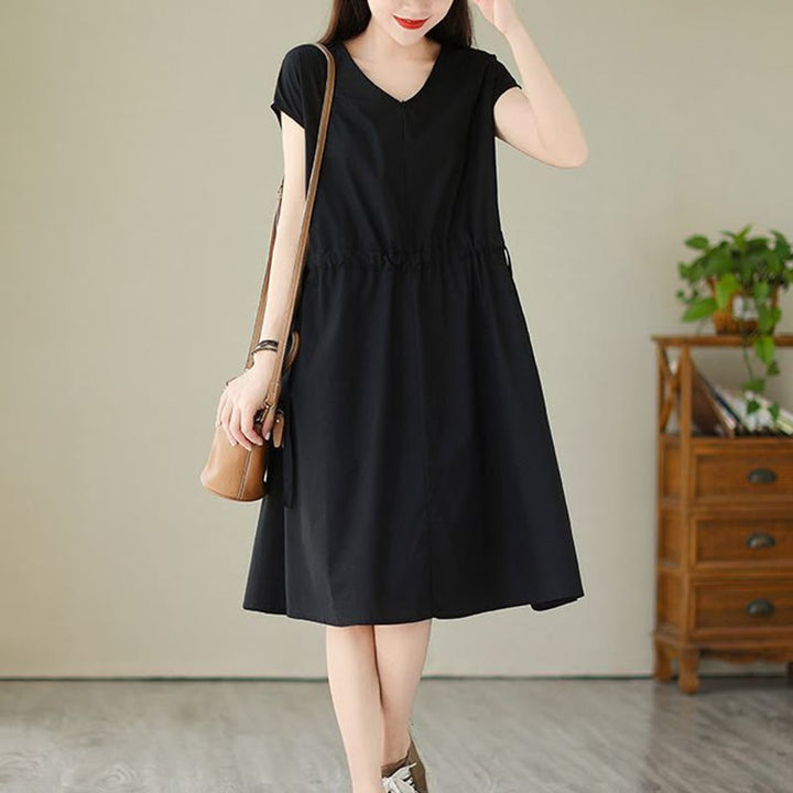 Buddha Stones Casual Pure Color Lace-Up Short Sleeve Cotton Linen Midi Dress With Pockets - Black - US12，UK/AU16，EU44 (3XL) - image 18
