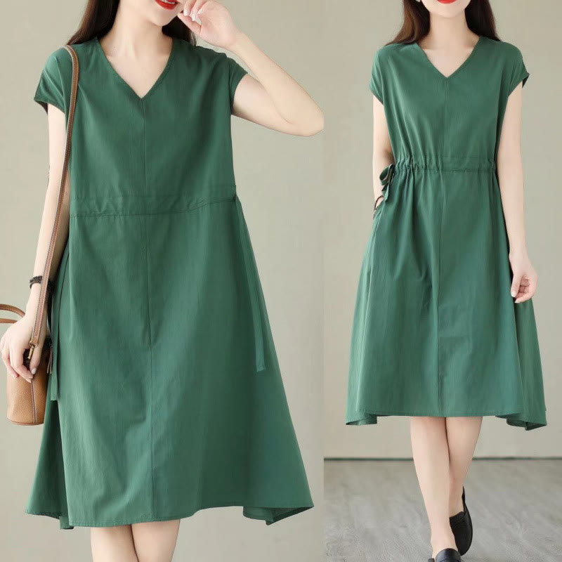 Buddha Stones Casual Pure Color Lace-Up Short Sleeve Cotton Linen Midi Dress With Pockets - image 7