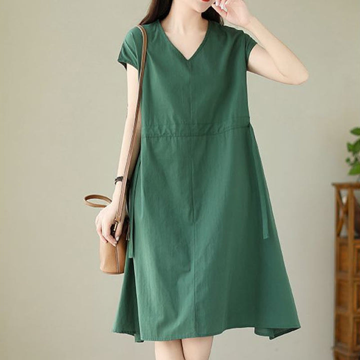 Buddha Stones Casual Pure Color Lace-Up Short Sleeve Cotton Linen Midi Dress With Pockets - image 4