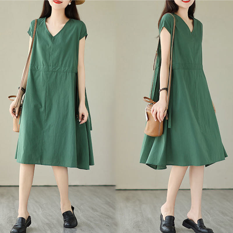 Buddha Stones Casual Pure Color Lace-Up Short Sleeve Cotton Linen Midi Dress With Pockets - image 6