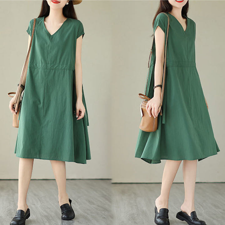 Buddha Stones Casual Pure Color Lace-Up Short Sleeve Cotton Linen Midi Dress With Pockets - image 6