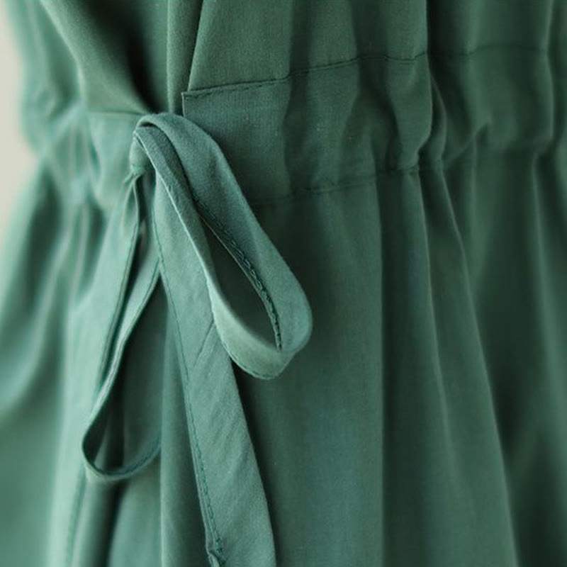 Buddha Stones Casual Pure Color Lace-Up Short Sleeve Cotton Linen Midi Dress With Pockets - image 11