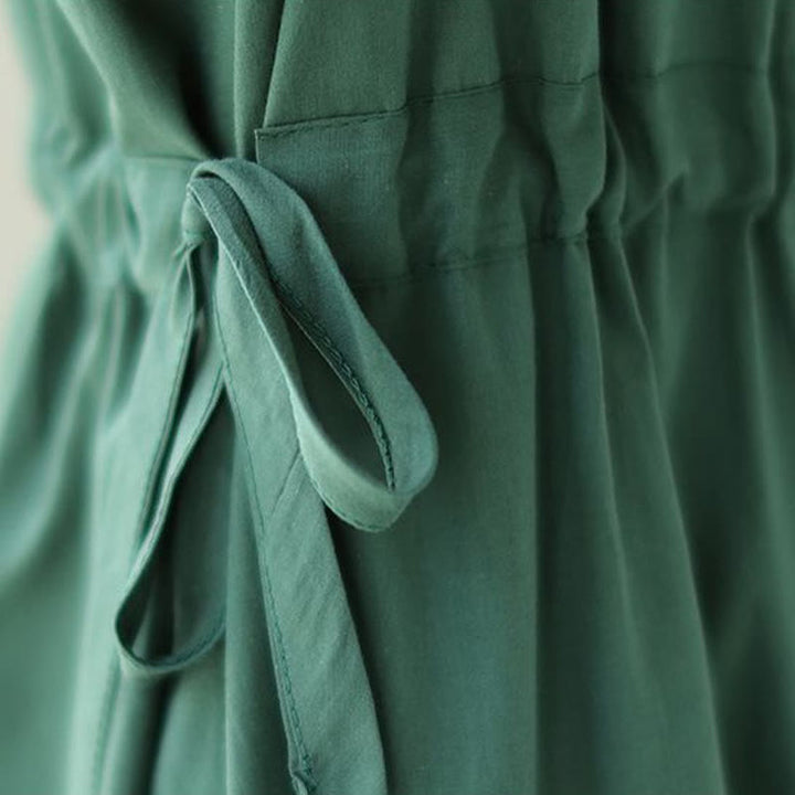 Buddha Stones Casual Pure Color Lace-Up Short Sleeve Cotton Linen Midi Dress With Pockets - image 11