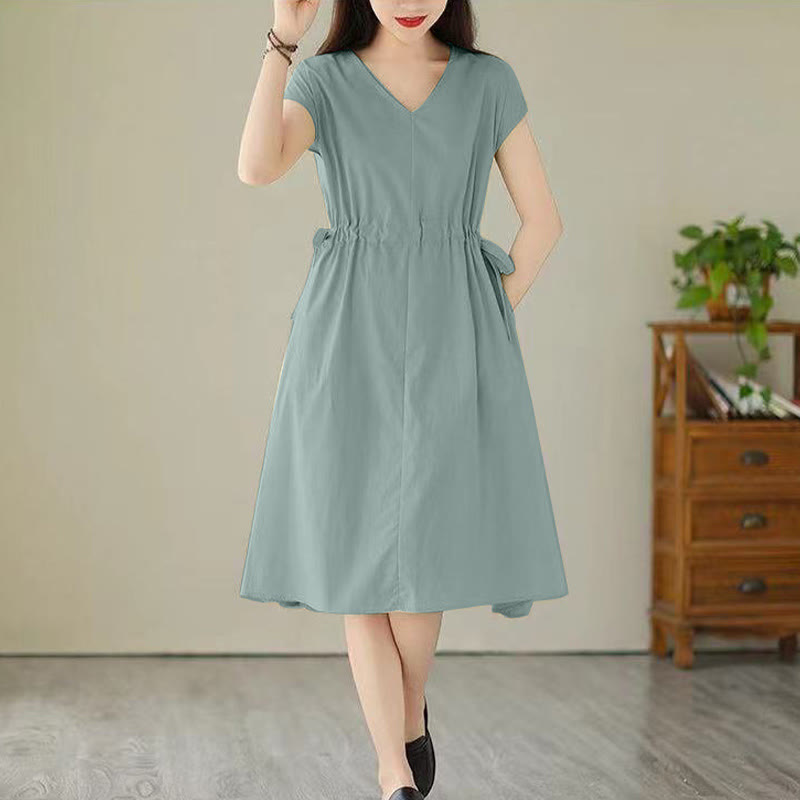 Buddha Stones Pure Color Lace-Up Short Sleeve Cotton Linen Midi Dress With Pockets - MediumAquamarine - US12，UK/AU16，EU44 (3XL) - image 15