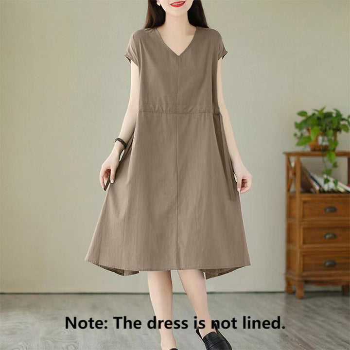 Buddha Stones Casual Pure Color Lace-Up Short Sleeve Cotton Linen Midi Dress With Pockets - image 15