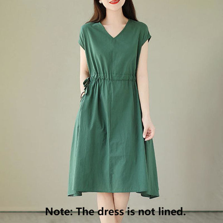 Buddha Stones Pure Color Lace-Up Short Sleeve Cotton Linen Midi Dress With Pockets - image 1