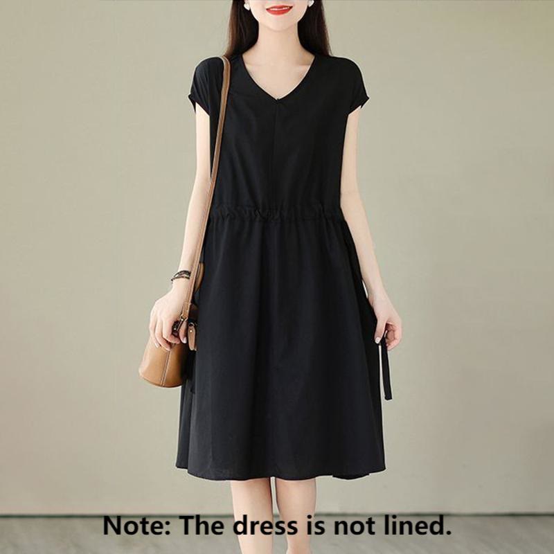Buddha Stones Casual Pure Color Lace-Up Short Sleeve Cotton Linen Midi Dress With Pockets - image 19