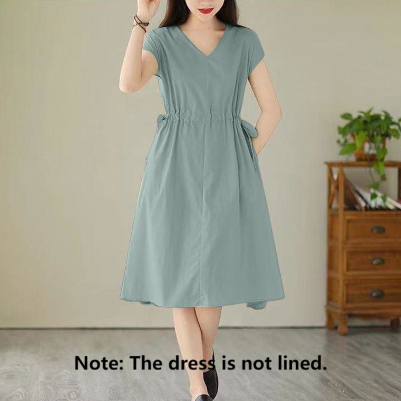 Buddha Stones Casual Pure Color Lace-Up Short Sleeve Cotton Linen Midi Dress With Pockets - image 17