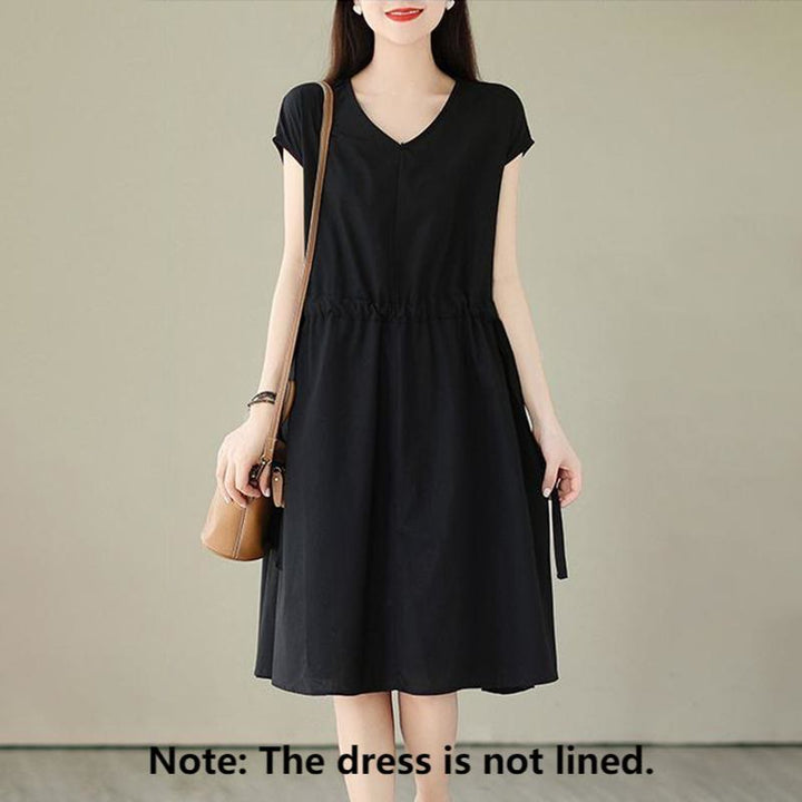 Buddha Stones Pure Color Lace-Up Short Sleeve Cotton Linen Midi Dress With Pockets - image 18