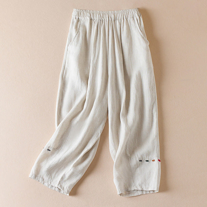 Buddha Stones Colored Thread 7-8 Length Women's Harem Cotton Linen Pants With Pockets - Beige - US12，UK/AU16，EU44 (3XL) - image 1