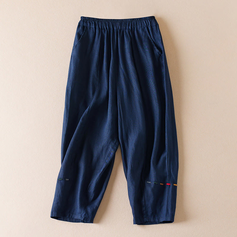 Buddha Stones Colored Thread 7-8 Length Women's Harem Cotton Linen Pants With Pockets - Navy - US12，UK/AU16，EU44 (3XL) - image 10