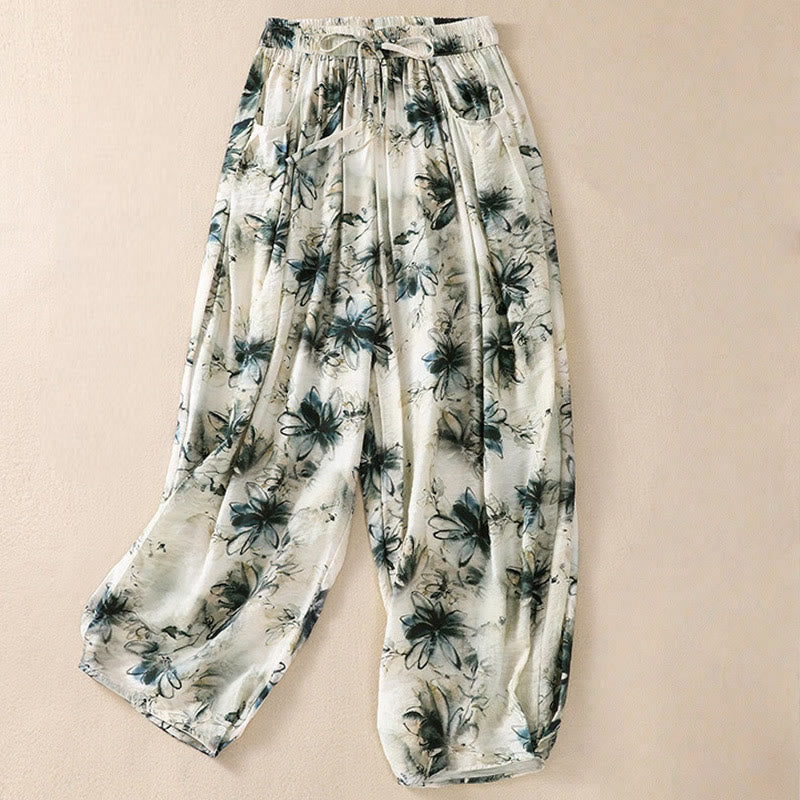 Buddha Stones Casual Flower Prints Design Women's Polyester 7-8 Length Pants With Pockets - SeaGreen - US12，UK/AU16，EU44 (2XL) - image 1