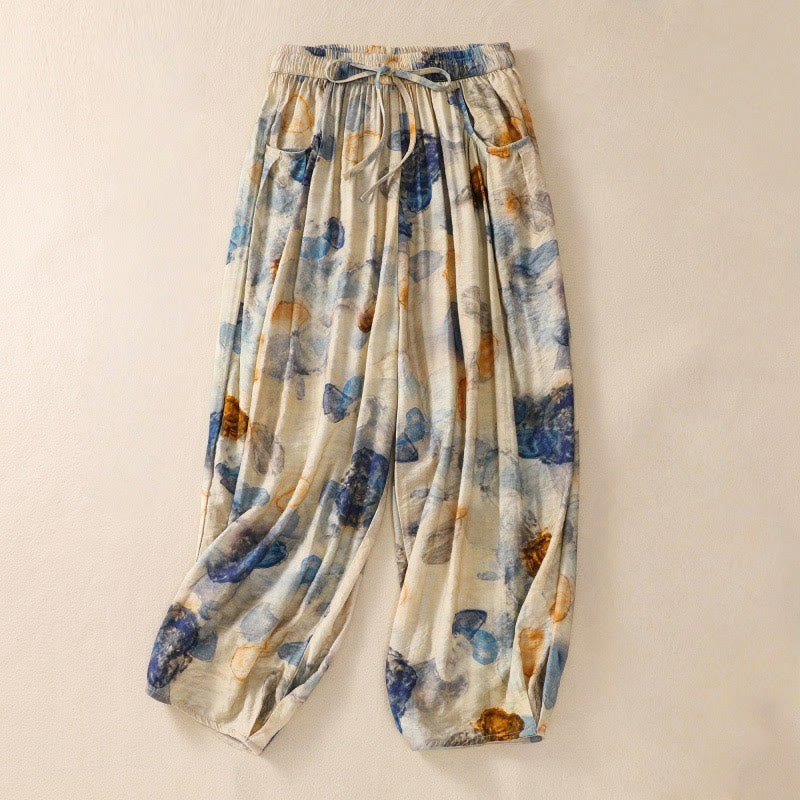 Buddha Stones Casual Flower Prints Design Women's Polyester 7-8 Length Pants With Pockets - LemonChiffon - US12，UK/AU16，EU44 (2XL) - image 9