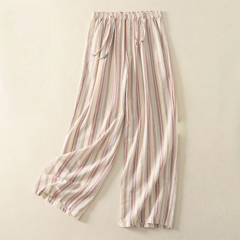 Buddha Stones Color Vertical Stripes Cotton Women's Wide Leg Pants With Pockets - PapayaWhip - US8-10，UK/AU12-14，EU40-42 (2XL) - image 0
