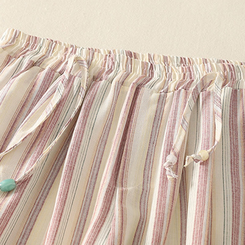 Buddha Stones Color Vertical Stripes Cotton Women's Wide Leg Pants With Pockets - image 3