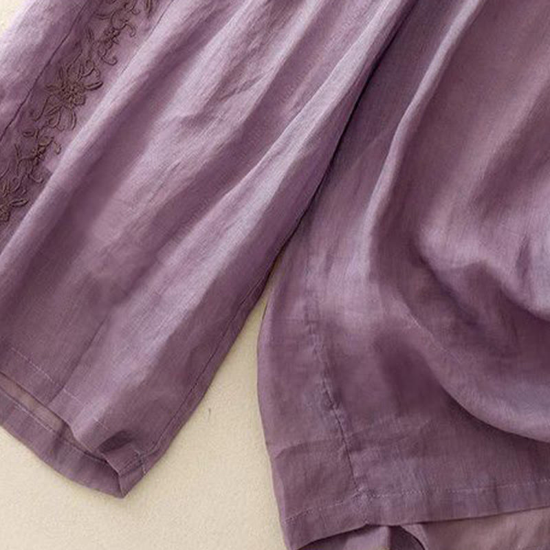 Buddha Stones Side Embroidery Design Cotton Women's 7-8 Length Wide Leg Pants With Pockets - image 1
