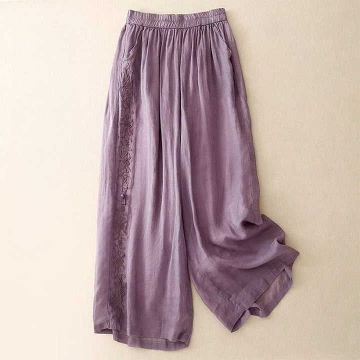 Buddha Stones Side Embroidery Design Cotton Women's 7-8 Length Wide Leg Pants With Pockets - MediumOrchid - US12，UK/AU16，EU44 (3XL) - image 0