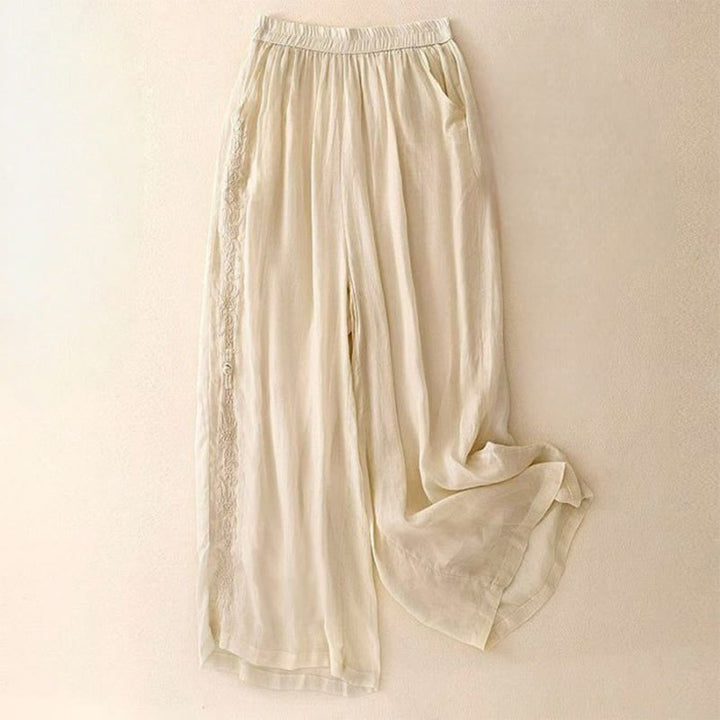 Buddha Stones Side Embroidery Design Cotton Women's 7-8 Length Wide Leg Pants With Pockets - LemonChiffon - US12，UK/AU16，EU44 (3XL) - image 6