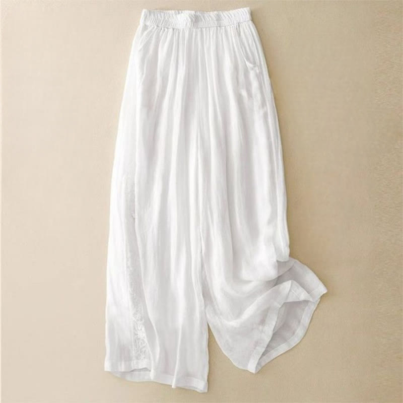Buddha Stones Side Embroidery Design Cotton Women's 7-8 Length Wide Leg Pants With Pockets - White - US12，UK/AU16，EU44 (3XL) - image 11