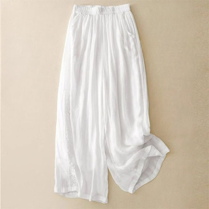 Buddha Stones Side Embroidery Design Cotton Women's 7-8 Length Wide Leg Pants With Pockets - White - US12，UK/AU16，EU44 (3XL) - image 11
