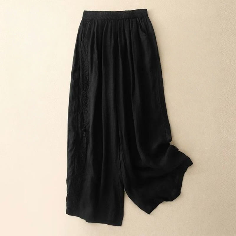 Buddha Stones Side Embroidery Design Cotton Women's 7-8 Length Wide Leg Pants With Pockets - Black - US12，UK/AU16，EU44 (3XL) - image 14