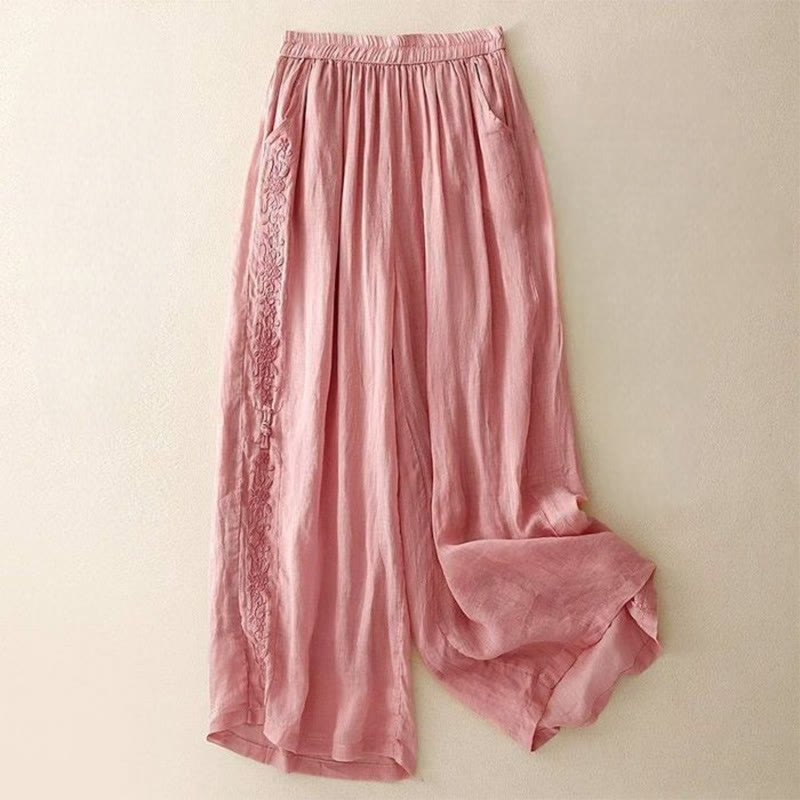 Buddha Stones Side Embroidery Design Cotton Women's 7-8 Length Wide Leg Pants With Pockets - Pink - US12，UK/AU16，EU44 (3XL) - image 16