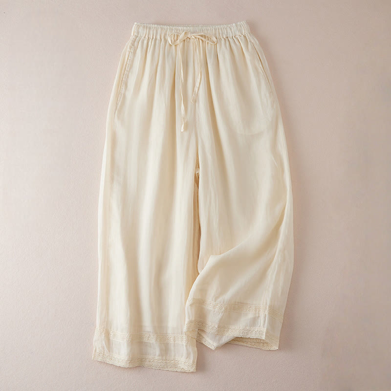 Buddha Stones Casual Lining Design Cotton Women's 7-8 Length Wide Leg Pants With Pockets - Cornsilk - US8-10，UK/AU12-14，EU40-42 (2XL) - image 1