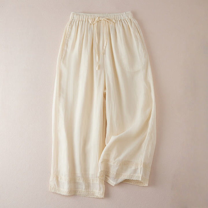 Buddha Stones Casual Lining Design Cotton Women's 7-8 Length Wide Leg Pants With Pockets - Cornsilk - US8-10，UK/AU12-14，EU40-42 (2XL) - image 0