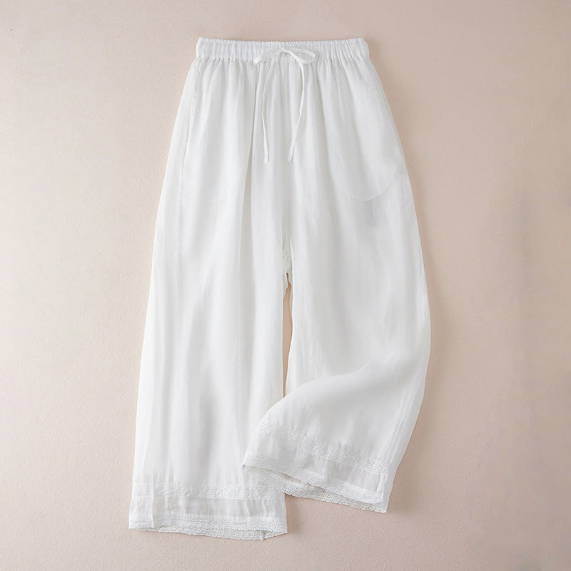 Buddha Stones Casual Lining Design Cotton Women's 7-8 Length Wide Leg Pants With Pockets - White - US8-10，UK/AU12-14，EU40-42 (2XL) - image 10