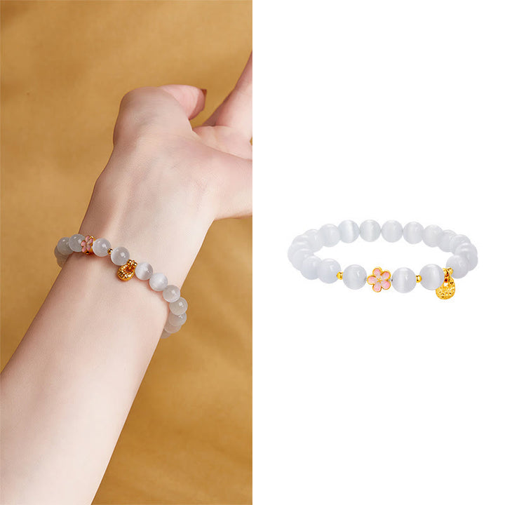 Buddha Stones 925 Sterling Silver Peach Blossom Lucky Bag White Cat's Eye Luck Bracelet - image 12