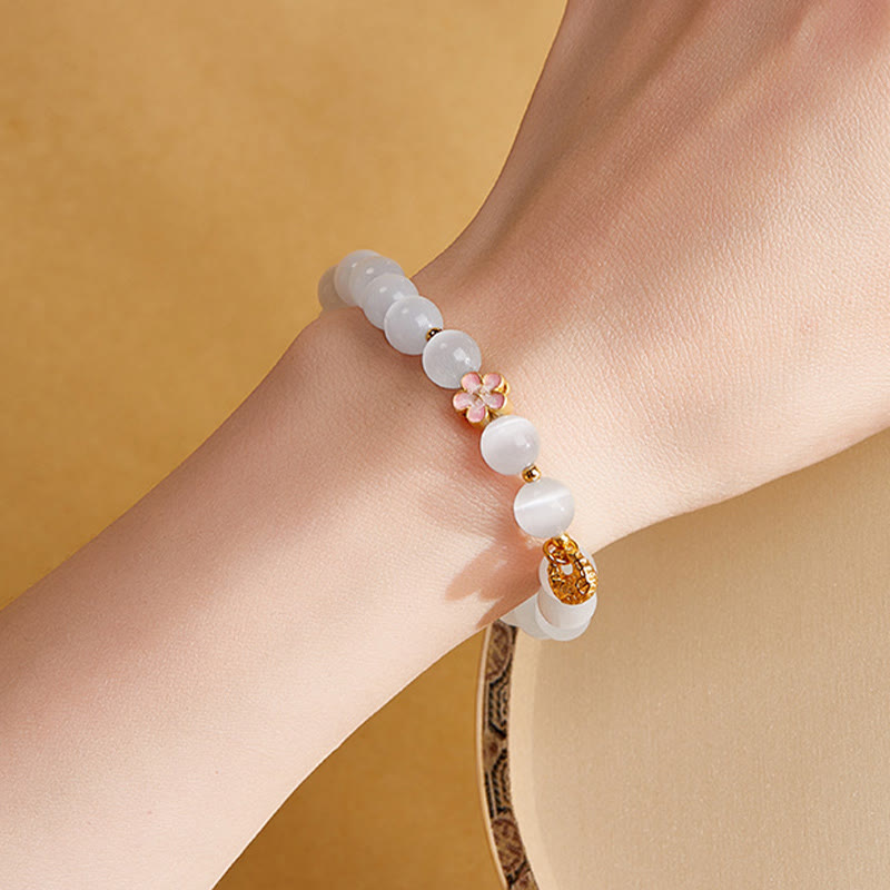 Buddha Stones 925 Sterling Silver Peach Blossom Lucky Bag White Cat's Eye Luck Bracelet - image 11