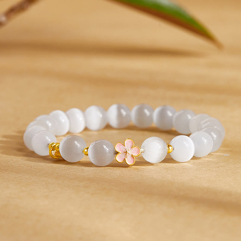 Buddha Stones 925 Sterling Silver Peach Blossom Lucky Bag White Cat's Eye Luck Bracelet - White Cat's Eye(Wrist Circumference: 17-19cm) - image 0