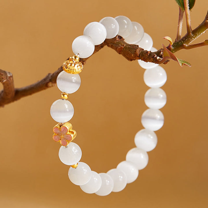 Buddha Stones 925 Sterling Silver Peach Blossom Lucky Bag White Cat's Eye Luck Bracelet - image 2