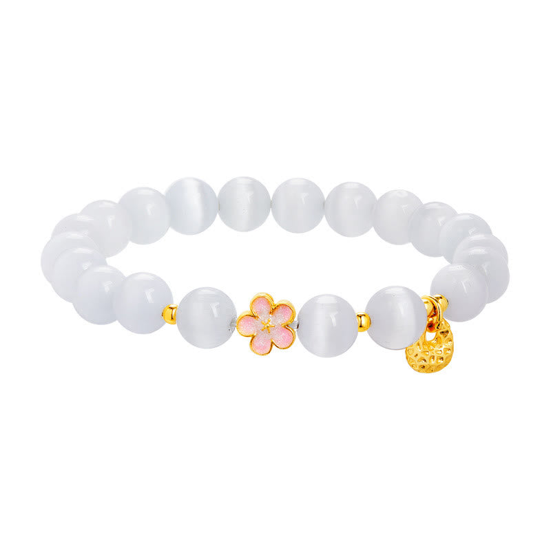 Buddha Stones 925 Sterling Silver Peach Blossom Lucky Bag White Cat's Eye Luck Bracelet - image 8