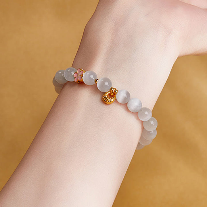 Buddha Stones 925 Sterling Silver Peach Blossom Lucky Bag White Cat's Eye Luck Bracelet - image 10