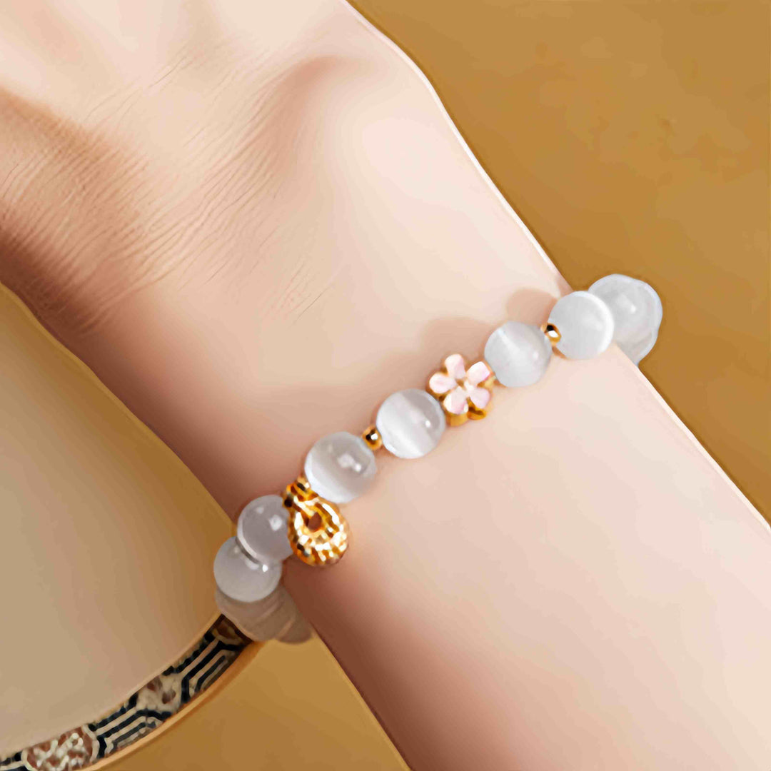 Buddha Stones 925 Sterling Silver Peach Blossom Lucky Bag White Cat's Eye Luck Bracelet - image 9