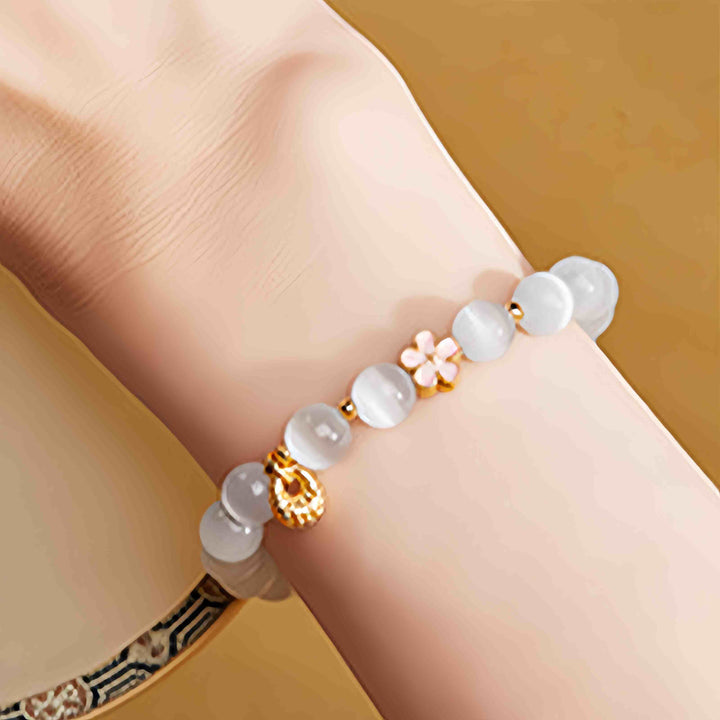 Buddha Stones 925 Sterling Silver Peach Blossom Lucky Bag White Cat's Eye Luck Bracelet - image 9