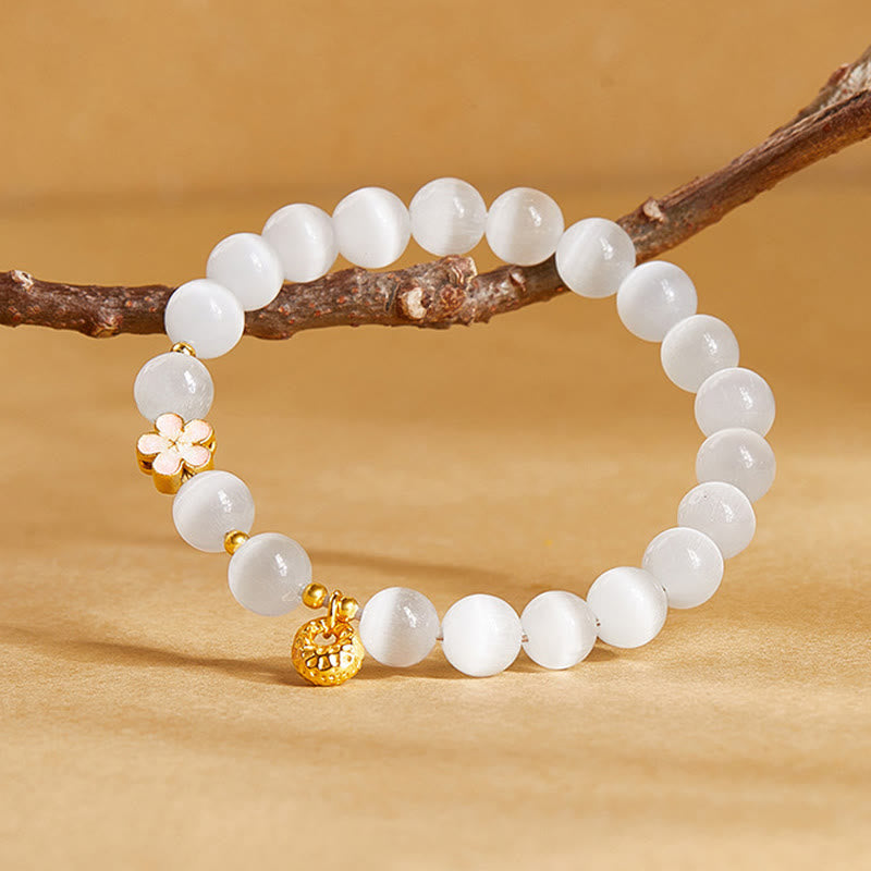 Buddha Stones 925 Sterling Silver Peach Blossom Lucky Bag White Cat's Eye Luck Bracelet - image 1
