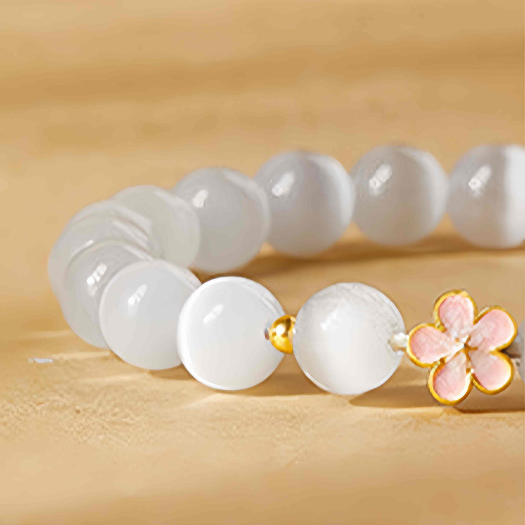 Buddha Stones 925 Sterling Silver Peach Blossom Lucky Bag White Cat's Eye Luck Bracelet - image 4