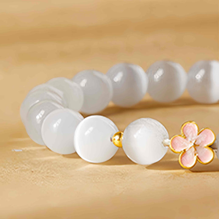 Buddha Stones 925 Sterling Silver Peach Blossom Lucky Bag White Cat's Eye Luck Bracelet - image 4