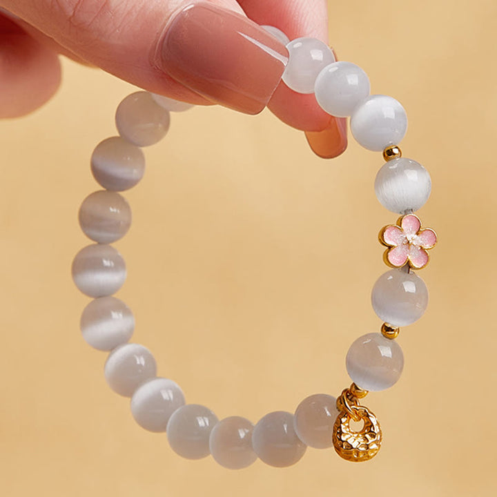 Buddha Stones 925 Sterling Silver Peach Blossom Lucky Bag White Cat's Eye Luck Bracelet - image 3