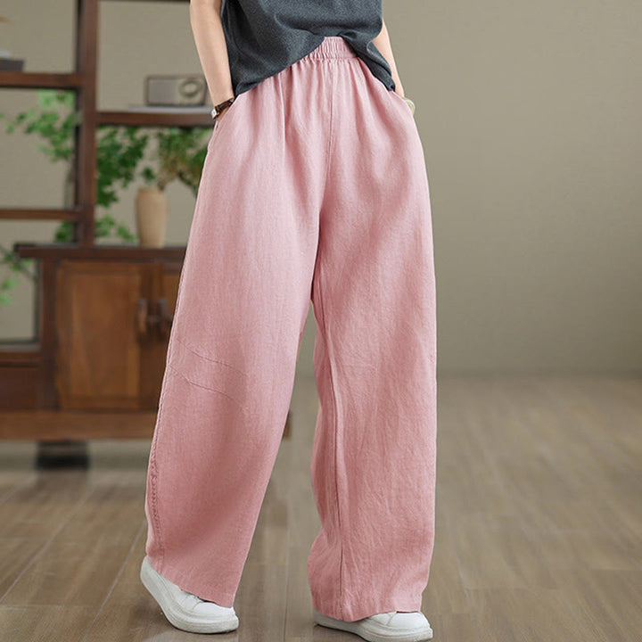 Buddha Stones Casual Plain Cotton Women's Wide Leg Pants With Pockets - Pink - US12，UK/AU16，EU44 (3XL) - image 7