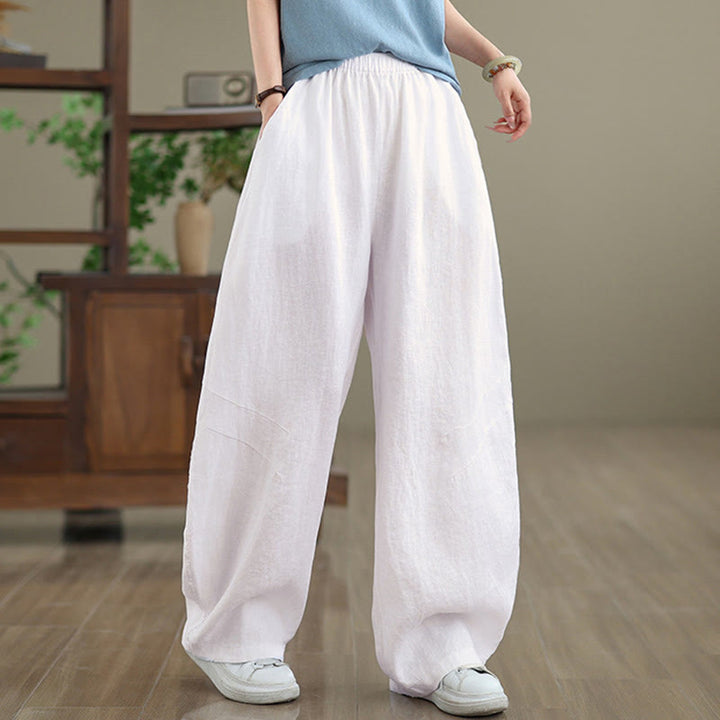 Buddha Stones Casual Plain Cotton Women's Wide Leg Pants With Pockets - White - US12，UK/AU16，EU44 (3XL) - image 18
