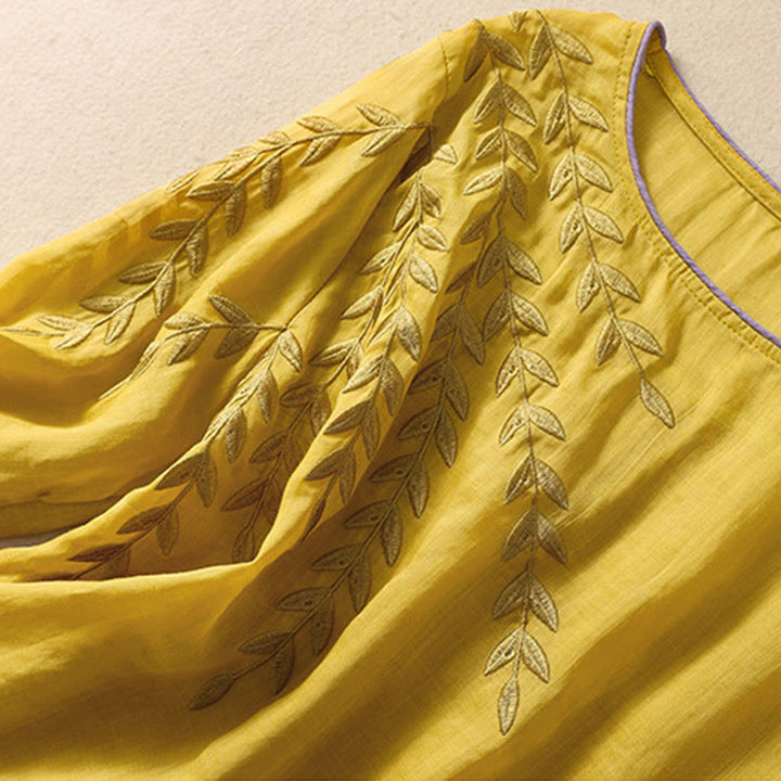 Buddha Stones Embroidery Leaves Women's Cotton Linen Half Sleeve T-shirt - image 2