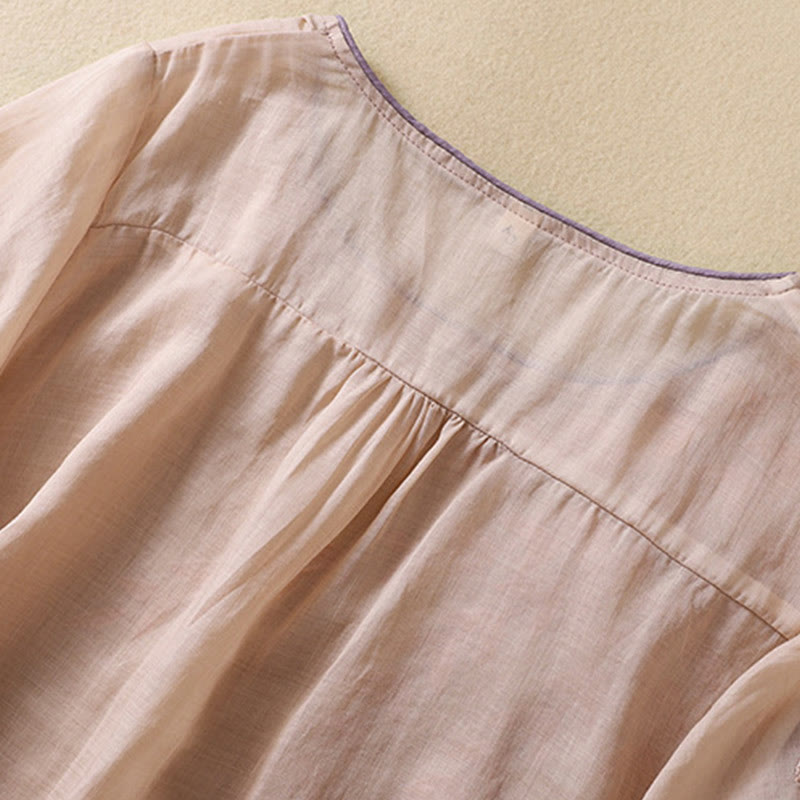 Buddha Stones Embroidery Leaves Women's Cotton Linen Half Sleeve T-shirt - image 14