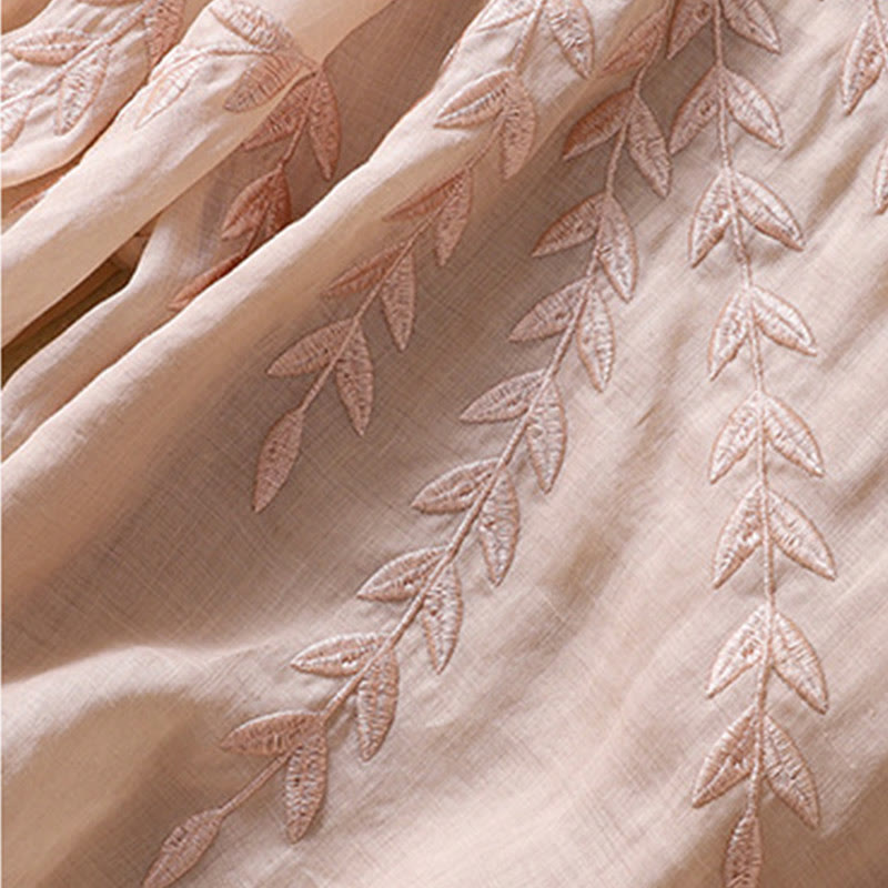 Buddha Stones Embroidery Leaves Women's Cotton Linen Half Sleeve T-shirt - image 20