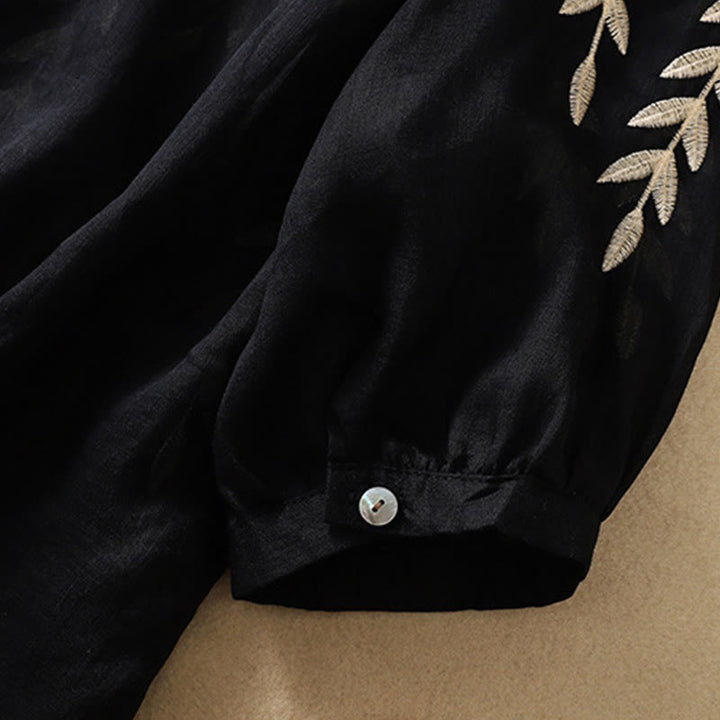 Buddha Stones Embroidery Leaves Women's Cotton Linen Half Sleeve T-shirt - image 26