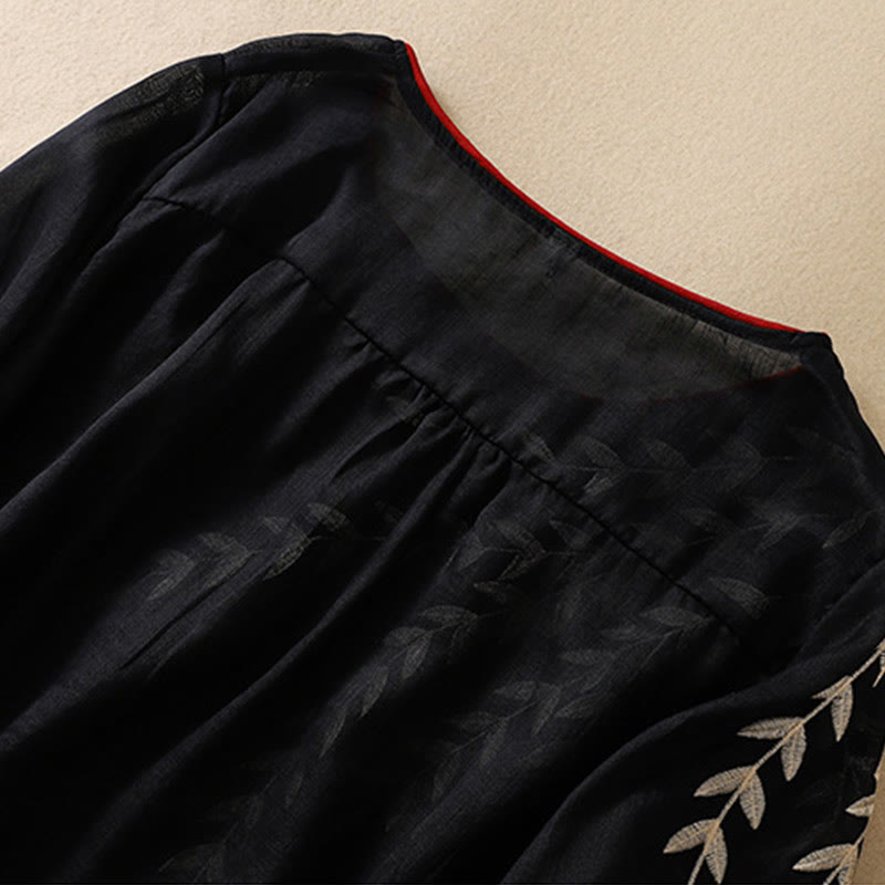 Buddha Stones Embroidery Leaves Women's Cotton Linen Half Sleeve T-shirt - image 26