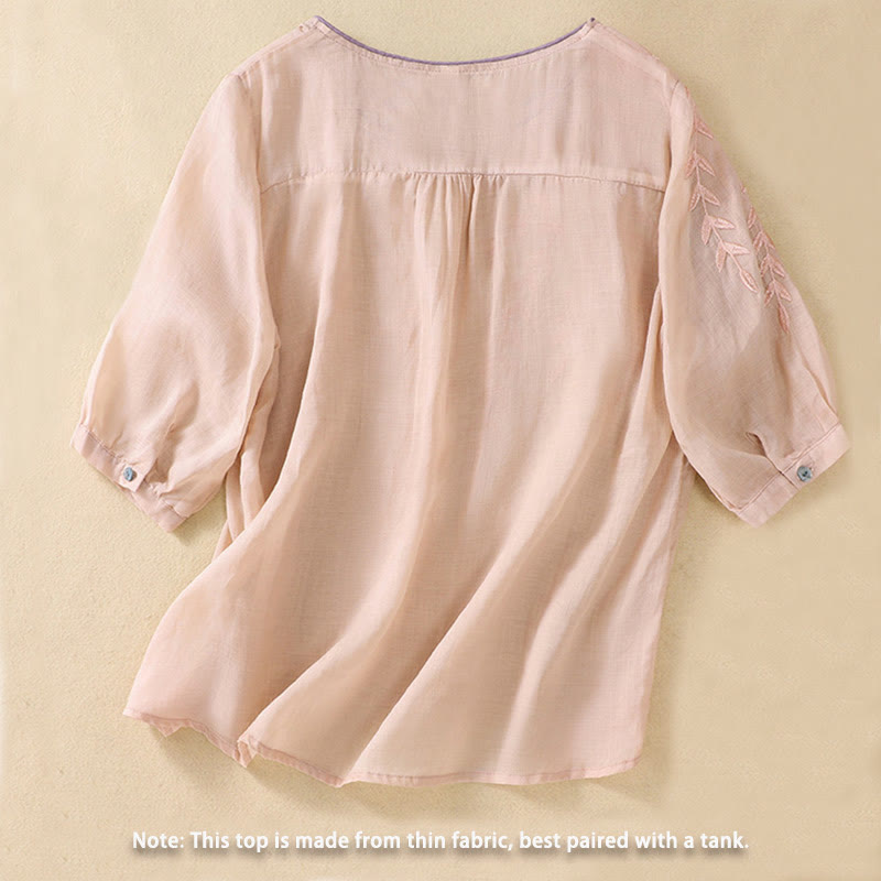 Buddha Stones Embroidery Leaves Women's Cotton Linen Half Sleeve T-shirt - image 12